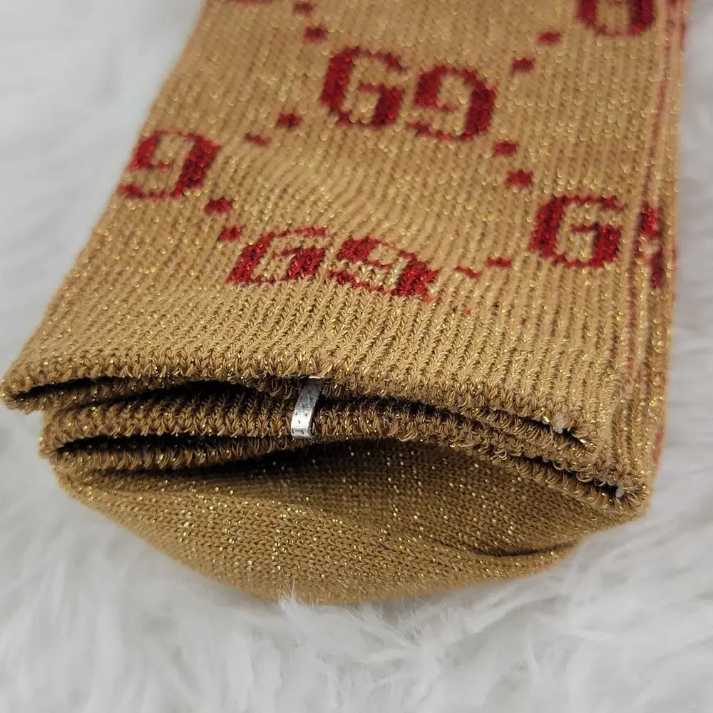 Gucci Crew Socks Unisex GG Logo Metallic 100% Authentic Beige Red Luxury New